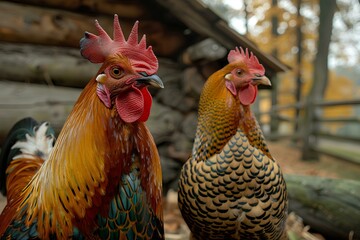 A couple of chickens standing next to each other