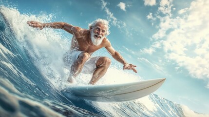 An older man, sporting a beard, is skillfully riding a wave on his surfboard