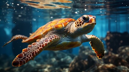 Fototapeta premium Turtle swims near a plastic bag. Plastic pollution in ocean, fighting for a clean ocean concept.