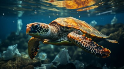 Fototapeta premium Turtle swims near a plastic bag. Plastic pollution in ocean, fighting for a clean ocean concept.