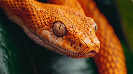 Fototapeta premium A closeup of a snakes head resting on a vibrant green leaf
