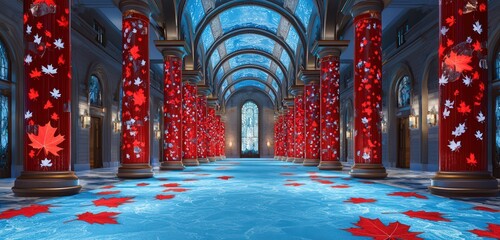 Majestic Toronto-inspired hall with red columns and a serene blue carpet.