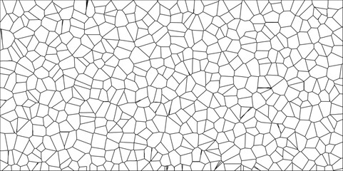 Abstract White Colored Broken Stained-Glass Geometric Retro Tiles Pattern w Black Lines & Quartz Crystal Voronoi Diagram Background for Website, Fabric Printing, Brochures, Luxury/Premium Packaging