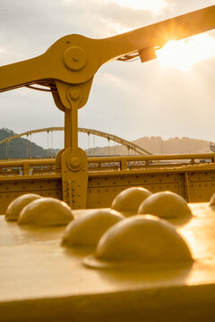 Fort Duquesne and Roberto Clemente Bridges over the Allegheny river at sunset in Pittsburg, PA 