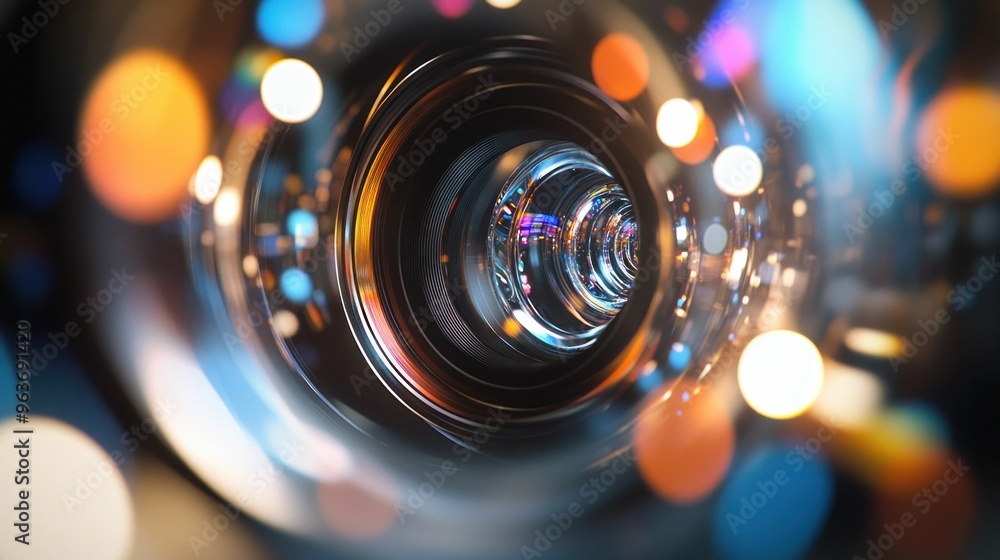Poster abstract colorful bokeh lights in a circular tunnel with a lens effect, creating a mesmerizing visua