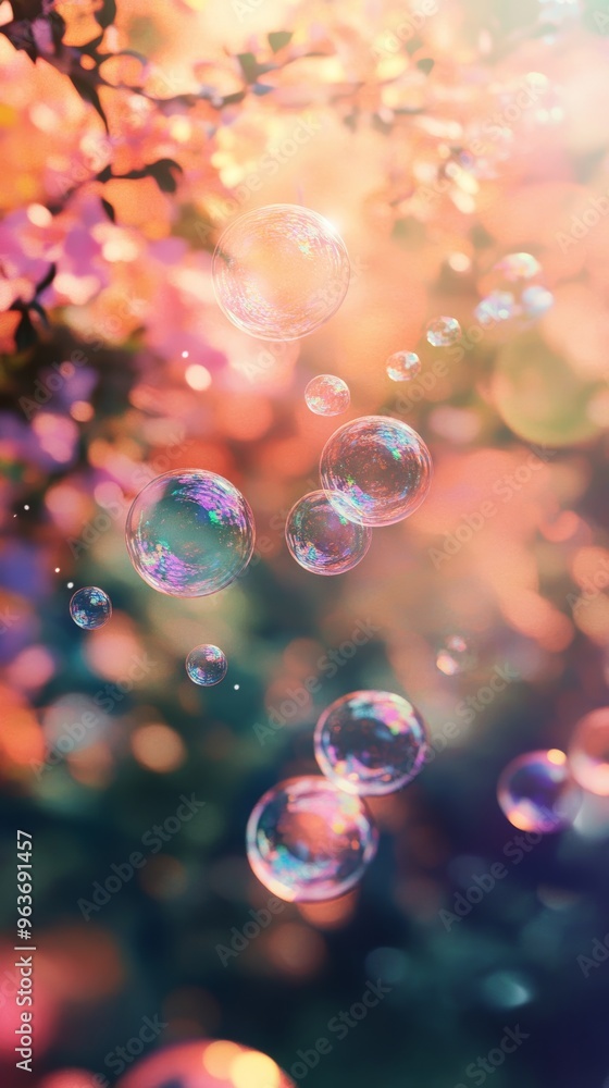 Poster soapy bubbles floating in colorful bokeh