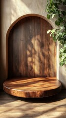 Fototapeta premium An empty wooden display stand under an arch, bathed in natural light, perfect as a stylish background for product showcases.