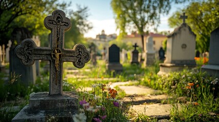 Madrid, Spain; 6th June 2021: Crosses in the foreground and tombstones in the background of the old cemetery of San Isidro in Madrid, Spain. generative ai