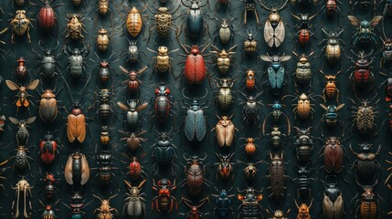 Numerous distinct types of beetles can be observed on the wall