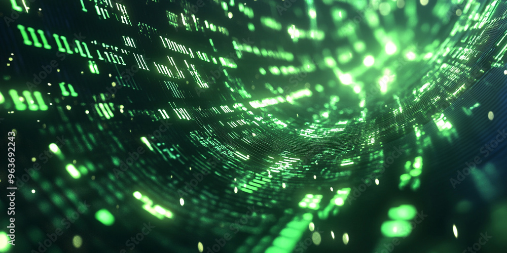 Poster abstract green data flow pattern symbolizing digital information, cybersecurity, ai technology, and 