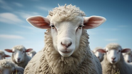Obraz premium White fluffy sheep farm portrait looking at camera isolated on clear png background, funny moment, Farmland animals concept