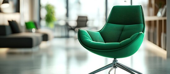 Modern workspace highlighting an emerald green chair, with blurred surroundings.