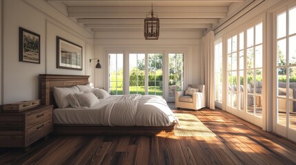 Farmhouse interior design of modern bedroom with hardwood floor