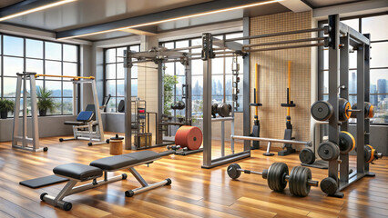 Obraz premium 3D Visualization of Gym Equipment A Detailed and Realistic Representation of Essential Fitness Tools, Perfect for Enhancing Workout Spaces and Designs.