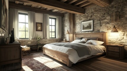 French country interior design of modern bedroom in farmhouse