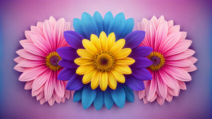 Obraz premium Symmetrical Kaleidoscope of Blossoms: A Vivid Floral Composition with Layers of Pink, Purple, Blue Petals, Surrounded by Yellow, White, and Pink Flowers, Creating a 3D Effect
