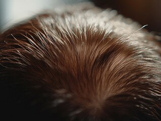Close-up view of shiny brown hair strands under soft lighting