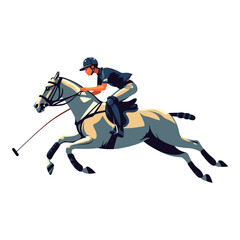 Illustration of a polo player riding a horse and striking the ball in mid-action during a game