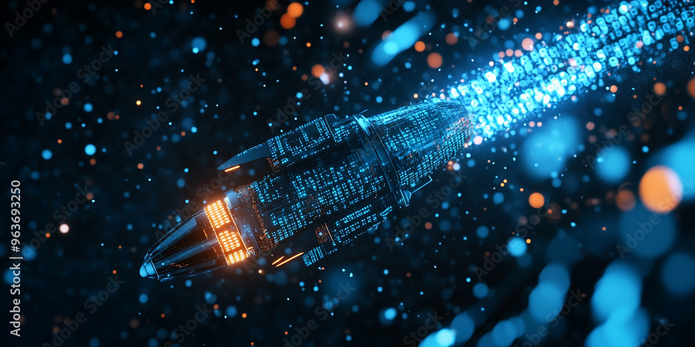 Poster digital spacecraft hologram accelerating through data streams, symbolizing futuristic transportation