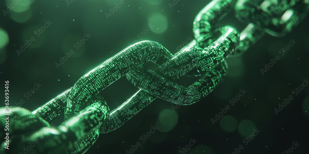 Poster digital blockchain chain links in green, symbolizing cryptocurrency, decentralized systems, and futu