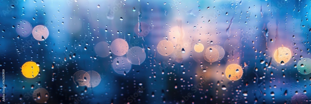 Poster raindrops on a window during a spring storm, capturing the essence of summer storms and feelings of 