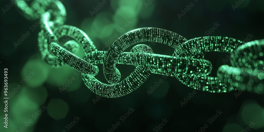 Poster digital blockchain chain links in green, symbolizing cryptocurrency, decentralized systems, and futu