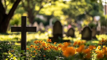 Madrid, Spain; 6th June 2021: Crosses in the foreground and tombstones in the background of the old cemetery of San Isidro in Madrid, Spain. generative ai