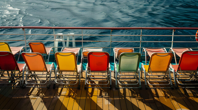 Multiple empty deck chairs neatly lined up in rows on a serene cruise ship deck.