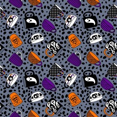 Halloween monsters seamless cups with ghost and skulls and candy pattern