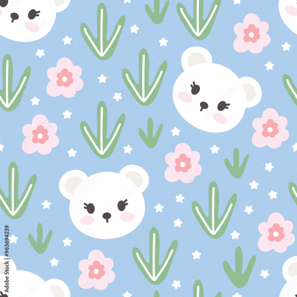 Wall mural kawaii polar bear face with cactus plant and flowers on a blue background, kids pajama colorful prin