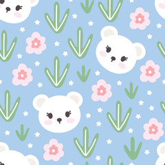 Kawaii polar bear face with cactus plant and flowers on a blue background, kids pajama colorful print for wrapping paper, fabric and textile. EPS 10 seamless pattern