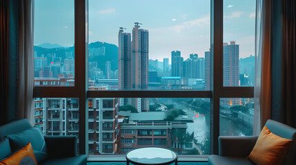 Aerial view of a row of identical hotel rooms with balcony overlooking cityscape and mountains.