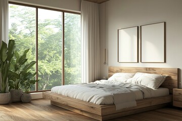 Minimalist bedroom featuring a wooden bed frame, large windows, and neutral decor. Modern interior design with hardwood floors. 3D Rendering generative ai
