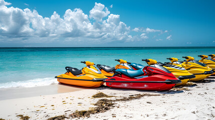 Beachfront with a variety of vibrant color jet skis available for rent on sunny day.