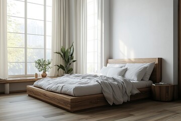 Fototapeta premium Minimalist bedroom featuring a wooden bed frame, large windows, and neutral decor. Modern interior design with hardwood floors. 3D Rendering generative ai