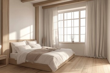 Fototapeta premium Minimalist bedroom featuring a wooden bed frame, large windows, and neutral decor. Modern interior design with hardwood floors. 3D Rendering generative ai