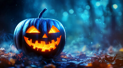Naklejka premium Halloween themed pumpkin with scary lighting face on beautiful background 
