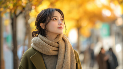 秋の街並みでウィンドウショッピングを楽しむ女性