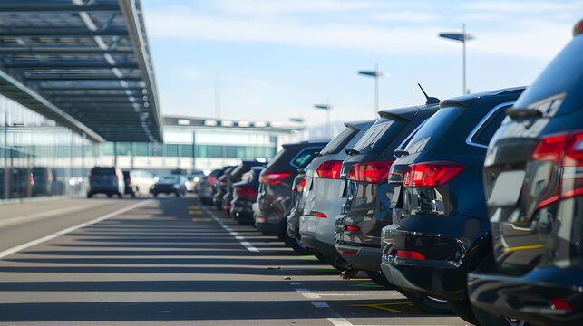 Row of cars parked at an airport, rental stickers on the windshield, waiting for passengers.