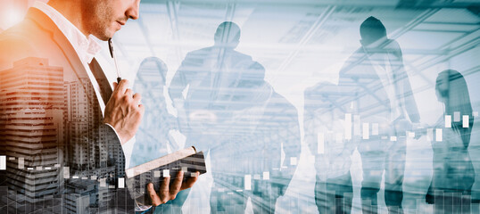 Double Exposure Image of Business Person on modern city background. Future business and...