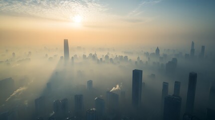Fototapeta premium Birda??s-eye perspective of smog-choked cities under a hazy sky, illustrating the consequences of unchecked industrialization.