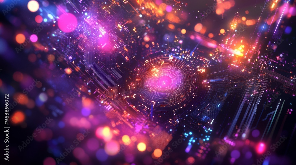 Aufkleber this digital artwork features vibrant neon colors and intricate patterns, depicting a futuristic cyb