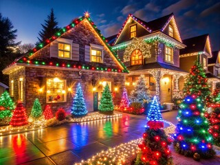 A dazzling array of Christmas lights adorning a house or neighborhood, creating a magical, glowing effect.