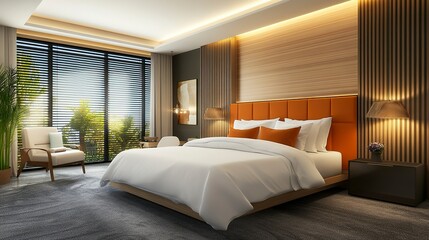 Fototapeta premium Modern design guest room hotel interior and decoration with white bedding orange headboard, wooden wall decoration, grey carpet, blind window and ceiling lighting 3d rendering bedroom.generative ai