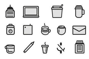 A collection of 8 simple, black-and-white minimalist icons representing office and communication tools.