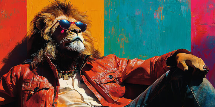 A lion wearing sunglasses and a red jacket leans back against a colorful wall.