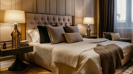 Luxurious Bedroom Interior with Elegant Bed  Lamps and Decor