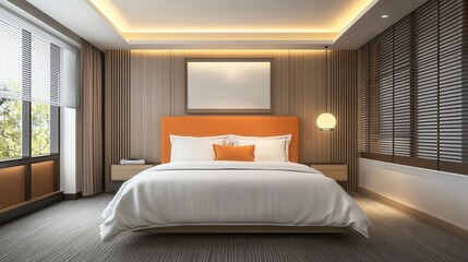 Modern design guest room hotel interior and decoration with white bedding orange headboard, wooden wall decoration, grey carpet, blind window and ceiling lighting 3d rendering bedroom.generative ai