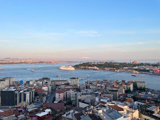 Istanbul, Turkey - May 27, 2024: Aerial view of Istanbul cityscape with Bosphorus River and iconic buildings under a clear blue sky.