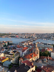 Istanbul, Turkey - May 27, 2024: Aerial view of Istanbul cityscape with Bosphorus River and iconic buildings under a clear blue sky.
